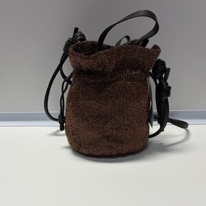 Brown Beaded Drawstring Bag